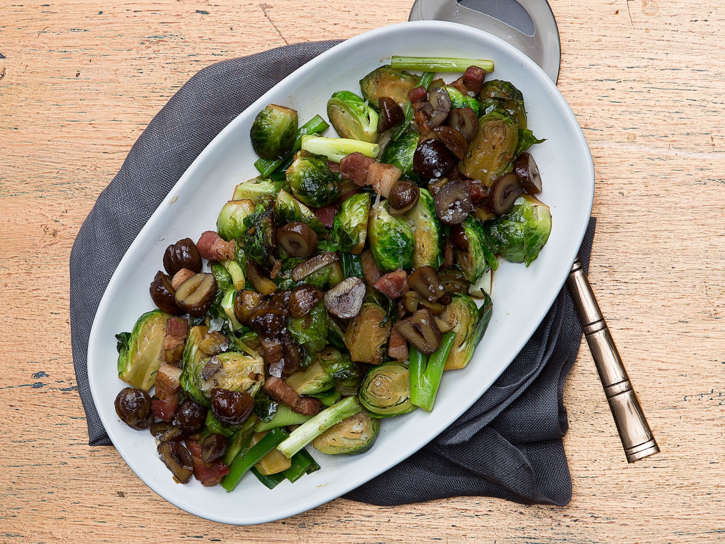 Fried Brussels Sprouts with Bacon and Chestnuts