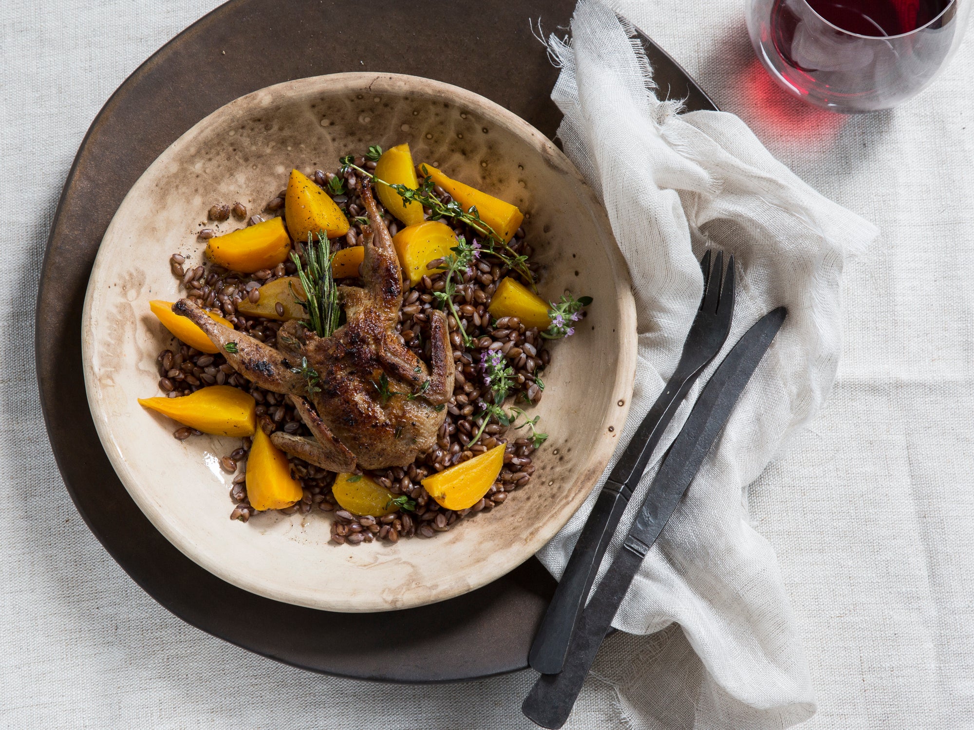 Sautéed Quail with Black Barley, Beets, and Fig Sauce Saveur