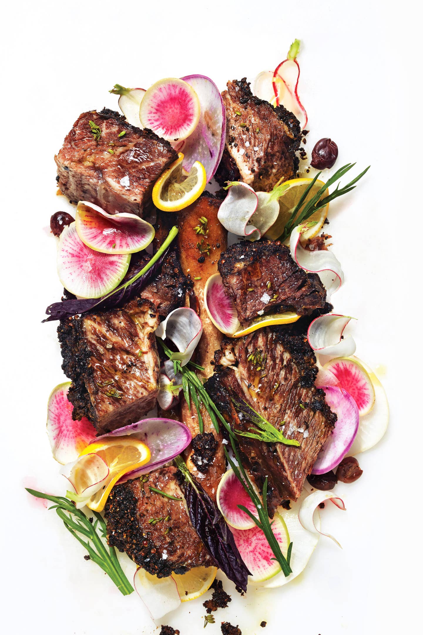 Justin Smillie’s Peppercorn-Crusted Short Ribs with Lemon, Olives, and Radishes