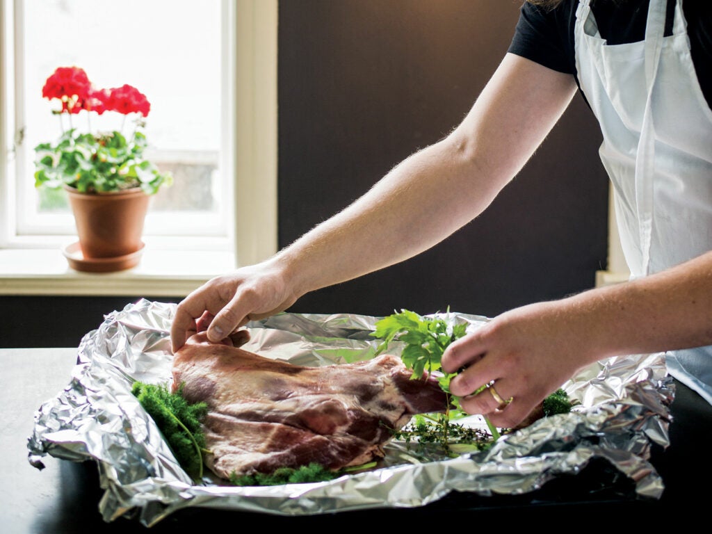 Sweden, recipe, Magnus Nilsson, roast lamb, herbs, kale