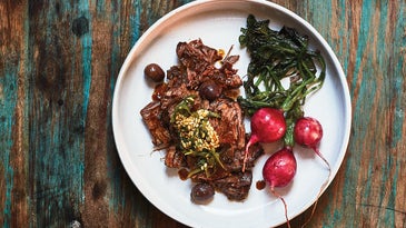 braised beef shank with radishes and flaxseed relish
