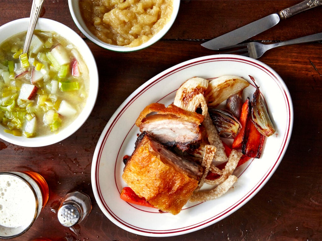 Crisp Pork Belly with Roasted Vegetables and Applesauce