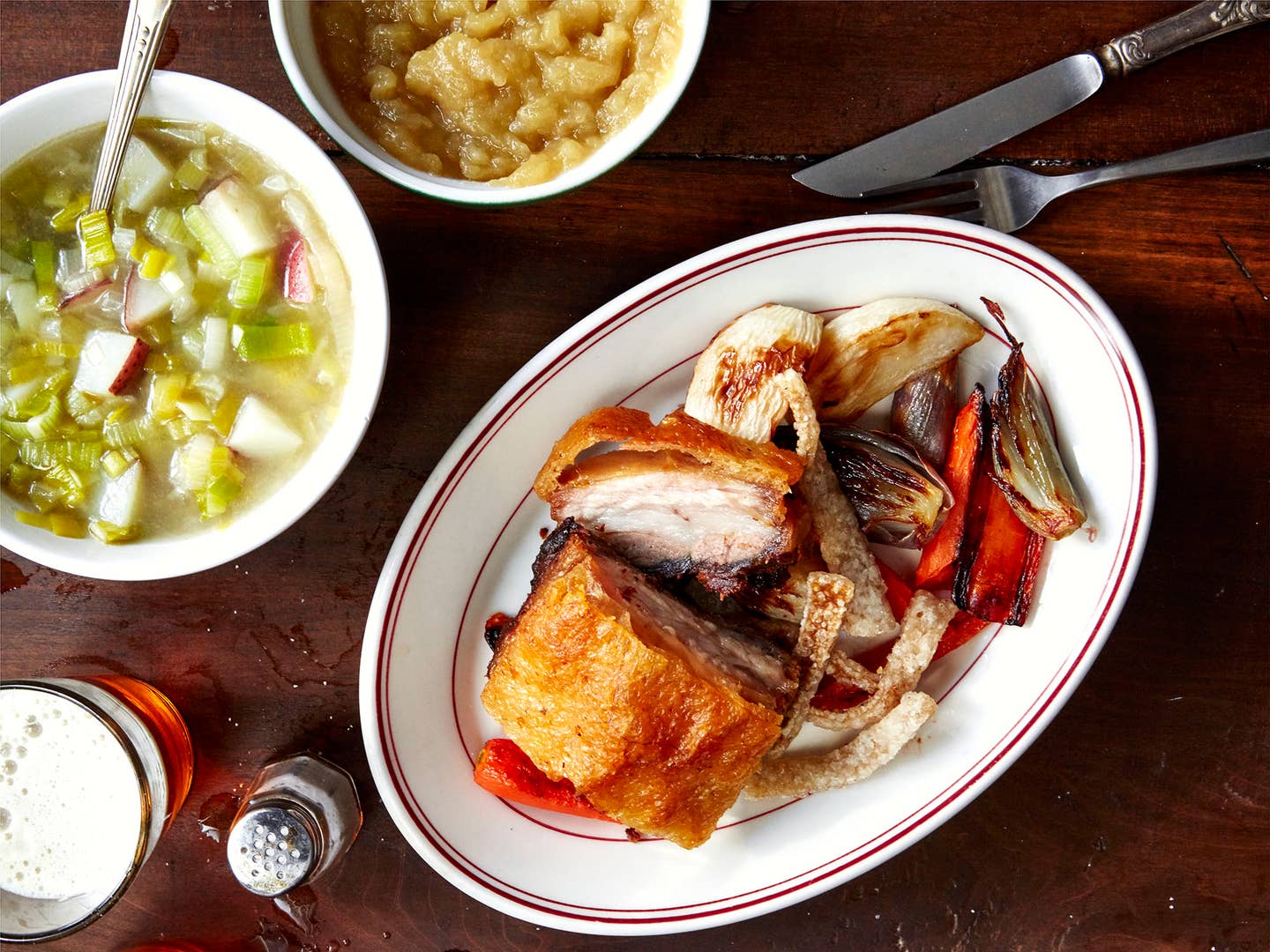 Crispy Pork Belly with Roasted Vegetables and Applesauce