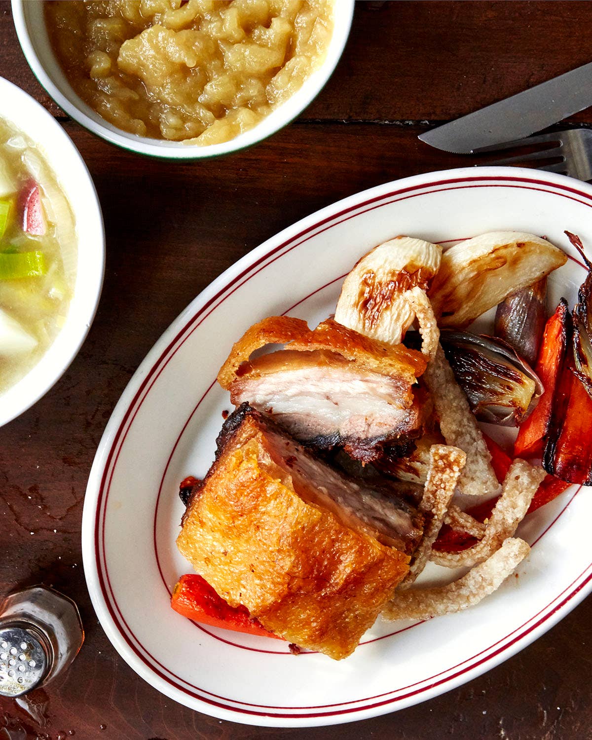 Crispy Pork Belly with Roasted Vegetables and Applesauce