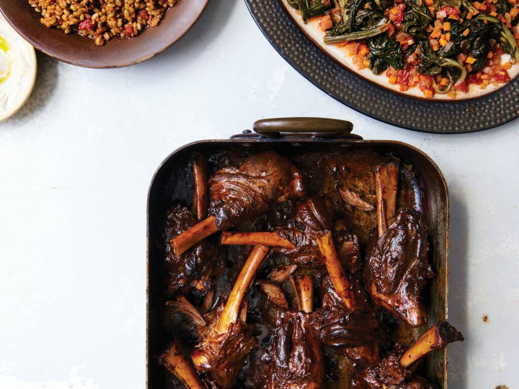 Lamb Shanks in Red Wine with Creamy Eggplant