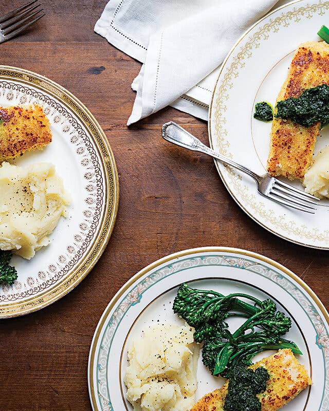 Parmesan-Crusted Halibut with Broccoli Rabe and Mashed Potatoes