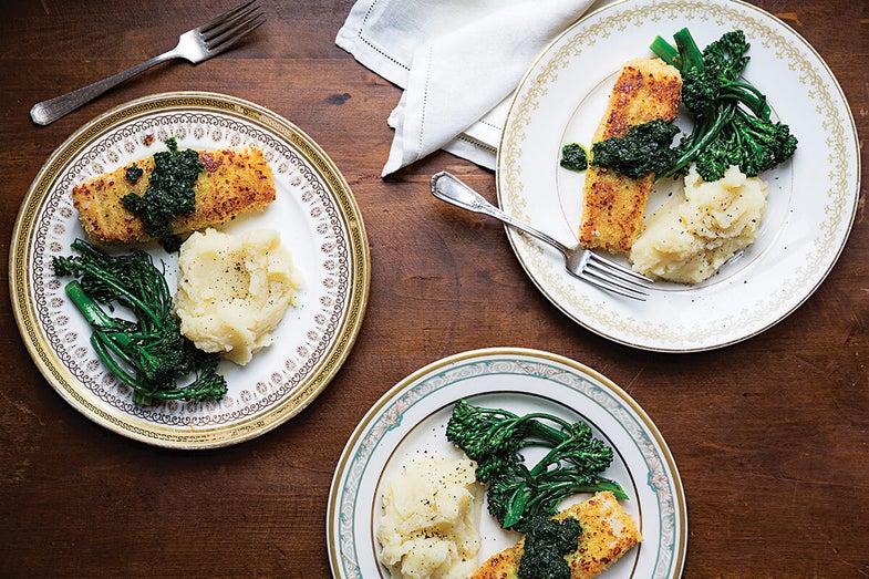 Parmesan-Crusted Halibut with Broccoli Rabe and Mashed Potatoes