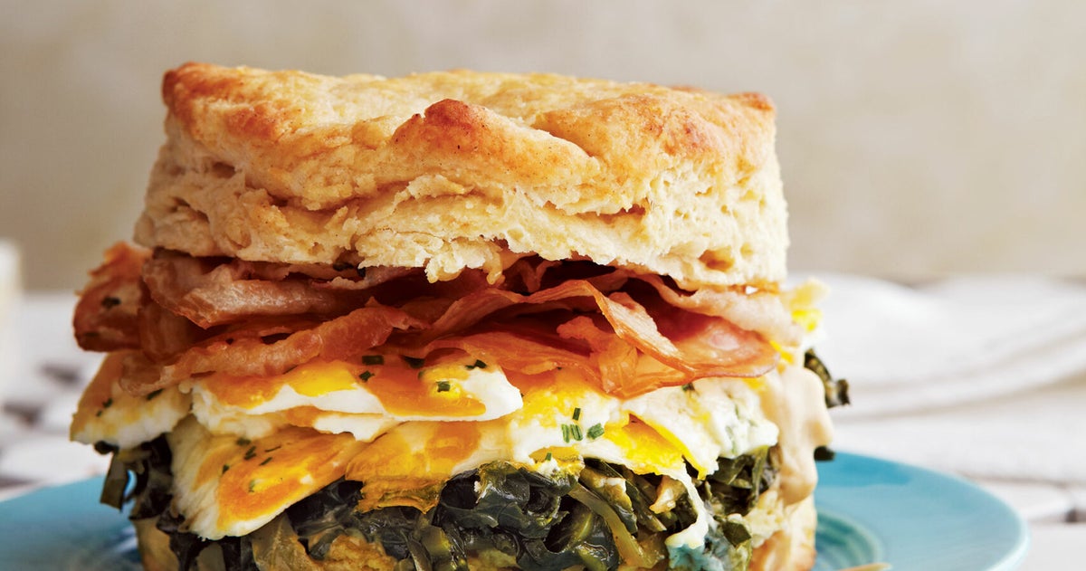 Biscuits with Pancetta, Collard Greens, Marbleized Eggs, and Espresso Aïoli
