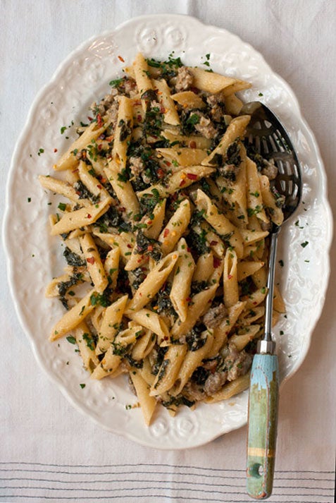 Penne Pasta with Kale & Vegan Italian Sausage – No Sweat Vegan