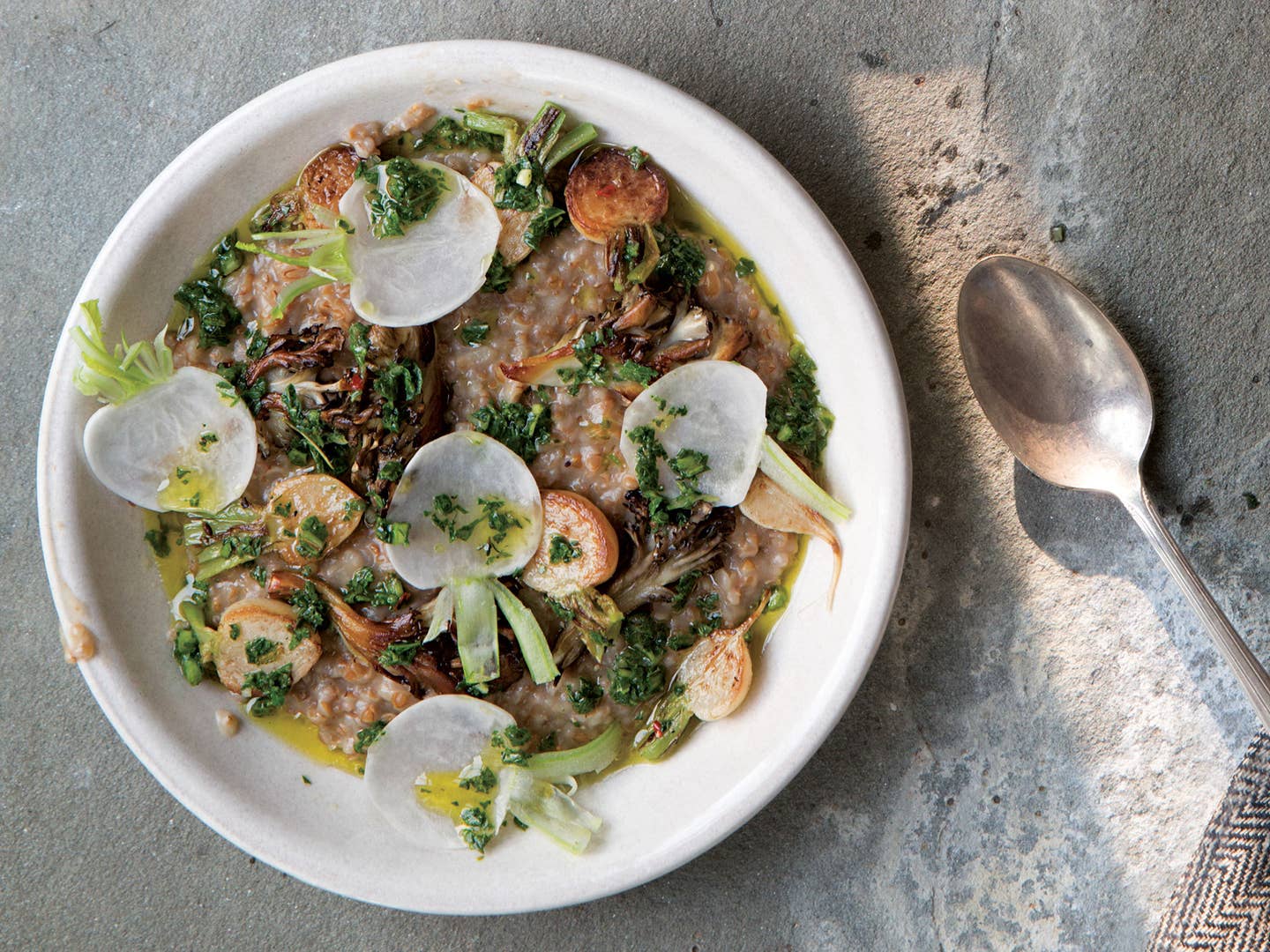 Cracked-Wheat Porridge with Hen of the Woods Mushrooms and Turnip-Top Salsa