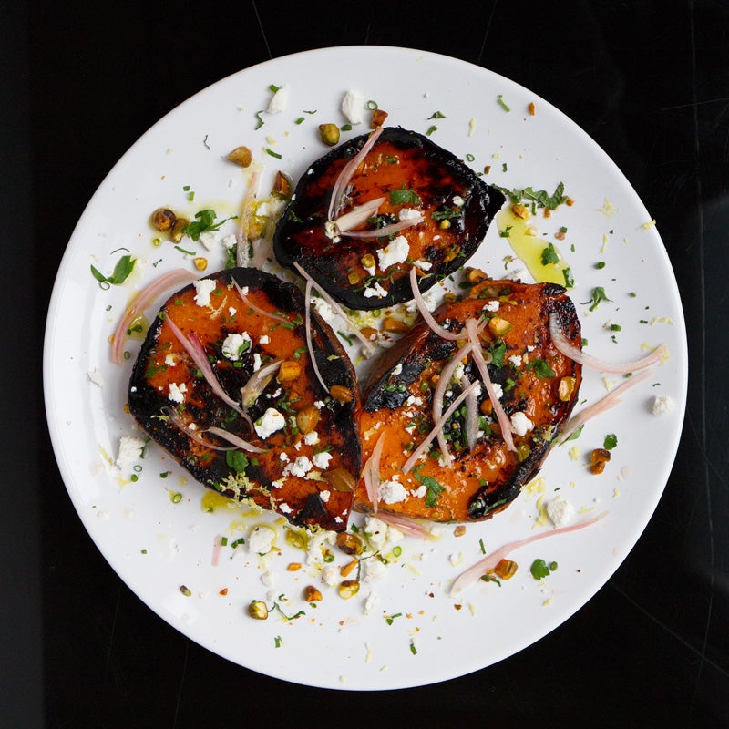 image of Charred Sweet Potatoes With Pickled Shallots, Pistachios, and Ricotta Salata recipe by Saveur