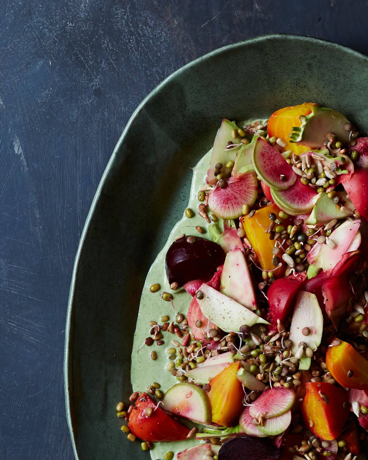 Sprouts, Kohlrabi, and Beet Salad with Herbed Crème Fraîche Dressing
