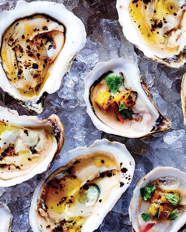 Raw Oysters with Grilled Pineapple and Thai Basil