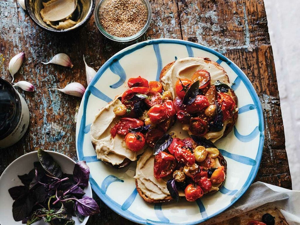 Roasted Tomato and Grape Toasts with Fava Bean Puree