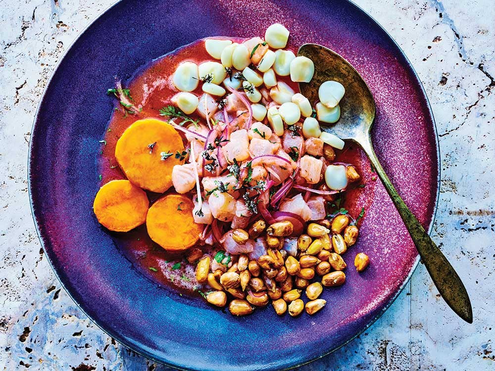 Peruvian Street Cart Ceviche with Sweet Potato and Toasted Corn (Ceviche Carretillero)