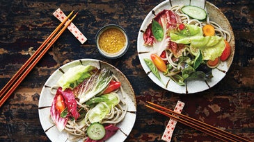 Soba salad recipe with summer greens on two plates Vegetarian recipes