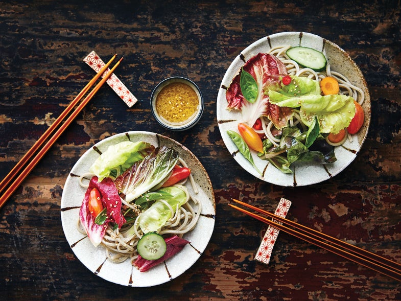 Soba salad recipe with summer greens on two plates Vegetarian recipes