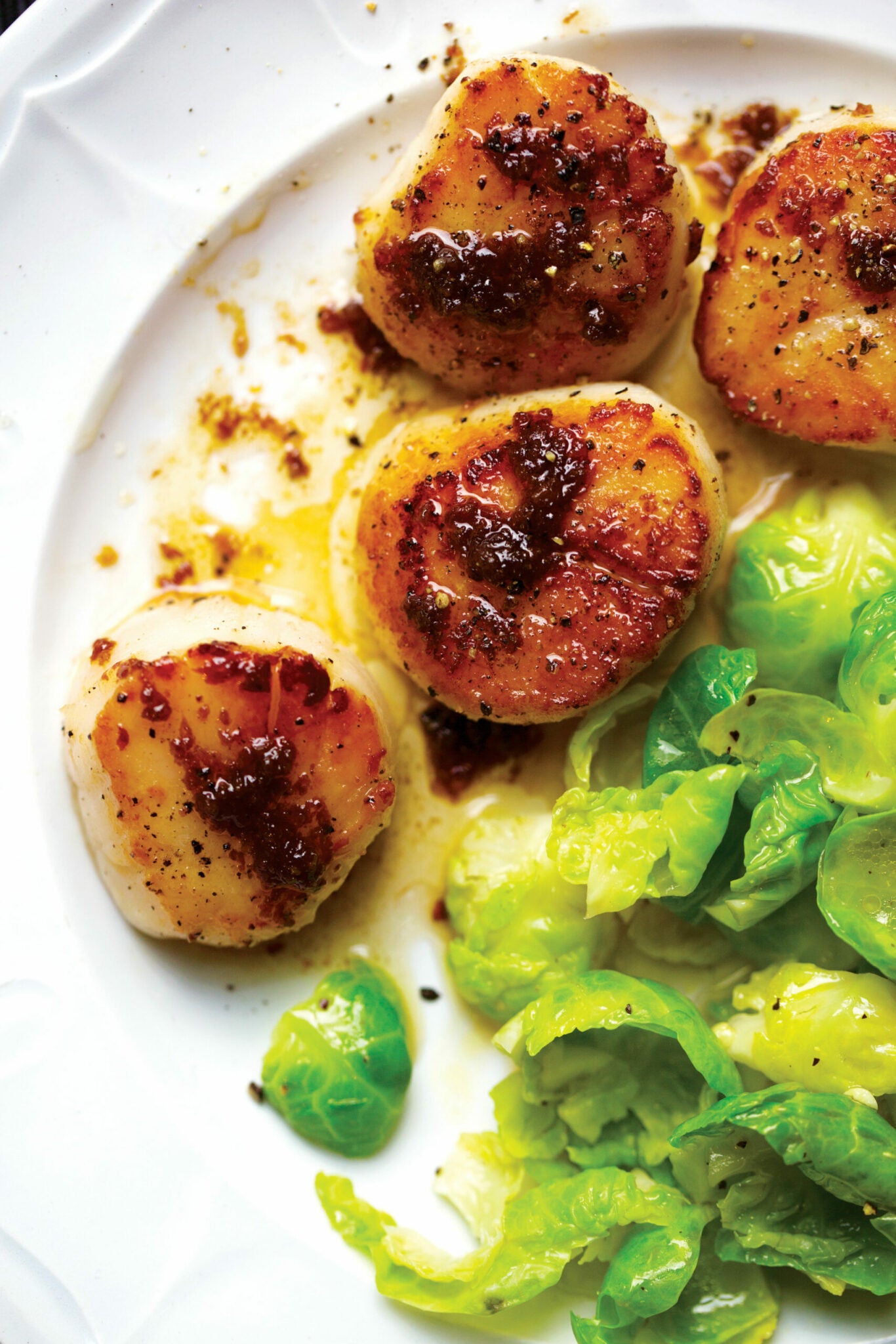 Seared Scallops with Steamed Brussels Sprout Leaves Saveur