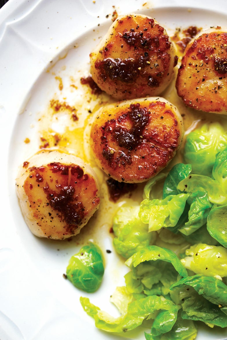 Seared Scallops with Steamed Brussels Sprout Leaves