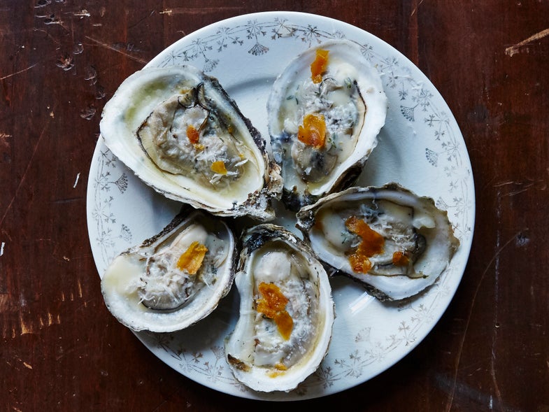 Grilled Oysters with Pecorino and Shaved Bottarga
