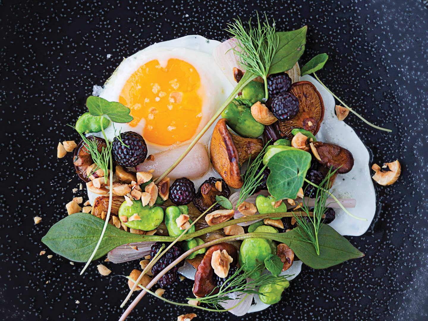Minneapolis, Fried Egg with Hazelnuts, Chanterelles, Green Garlic and Blackberries