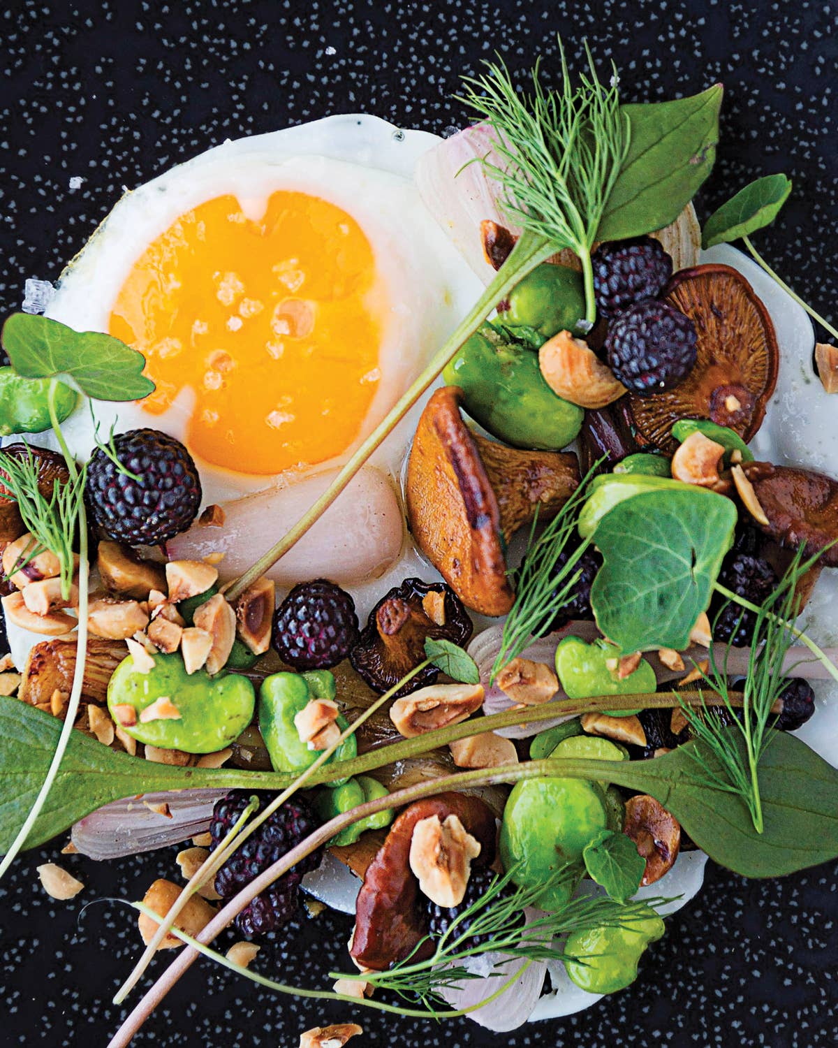 Fried Egg with Hazelnuts, Chanterelles, Green Garlic, and Blackberries