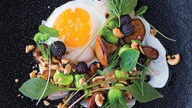 Minneapolis, Fried Egg with Hazelnuts, Chanterelles, Green Garlic and Blackberries