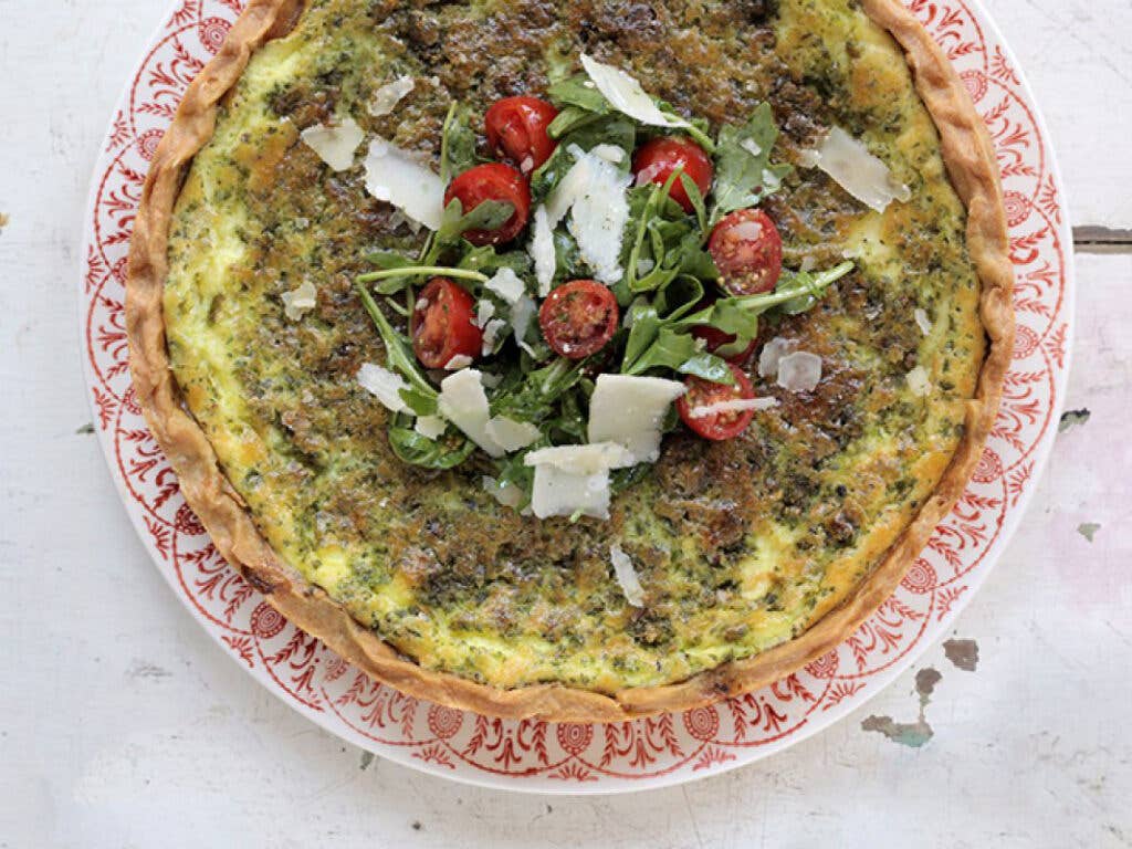 Arugula and Pistachio Pesto Quiche