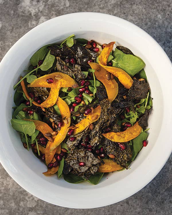 Fall Salad with Roasted Butternut Squash, Kale Chips, and Pomegranate Seeds