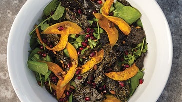 Fall Salad with Roasted Butternut Squash, Kale Chips, and Pomegranate Seeds