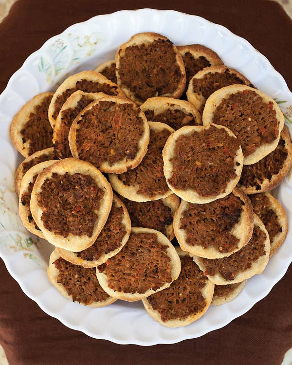 Sfiha (Flatbread with Ground Beef and Tahini Topping)