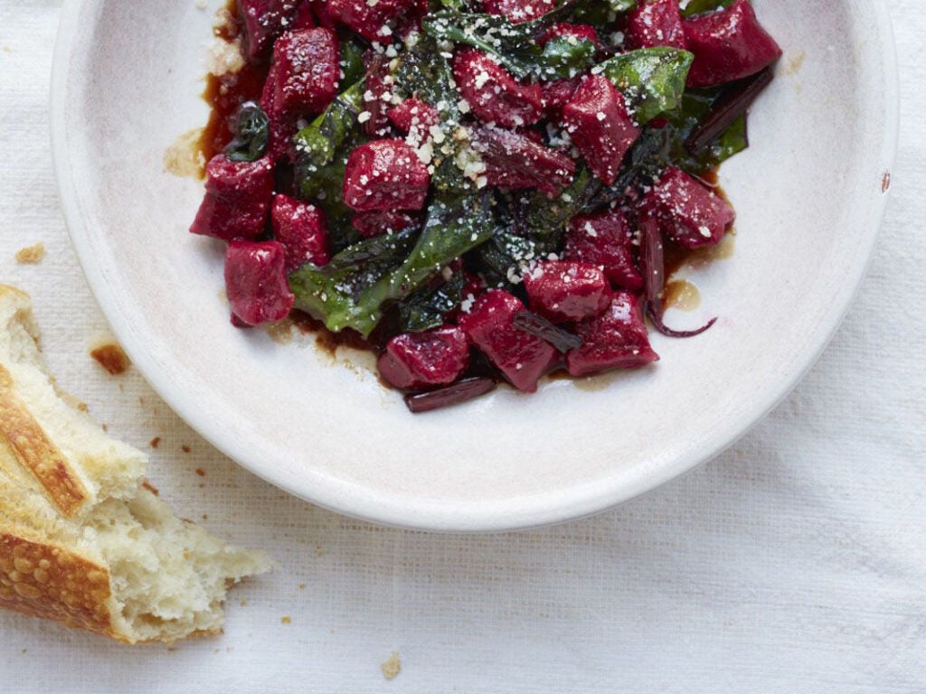 Beet and Ricotta Gnocchi with Wilted Beet Greens and Aged Balsamic