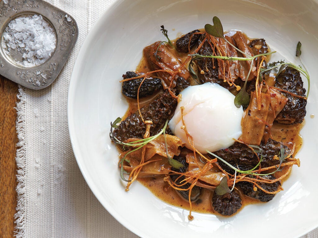 Morels with Fried Enoki Mushrooms and Tofu Skins