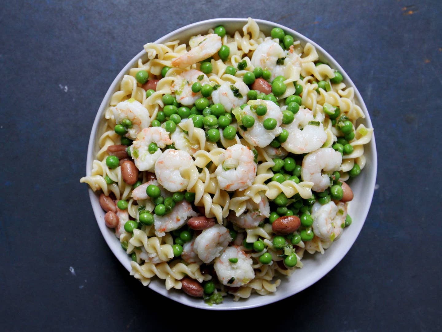 Fusilli with Scampi, Cranberry Beans, and Peas