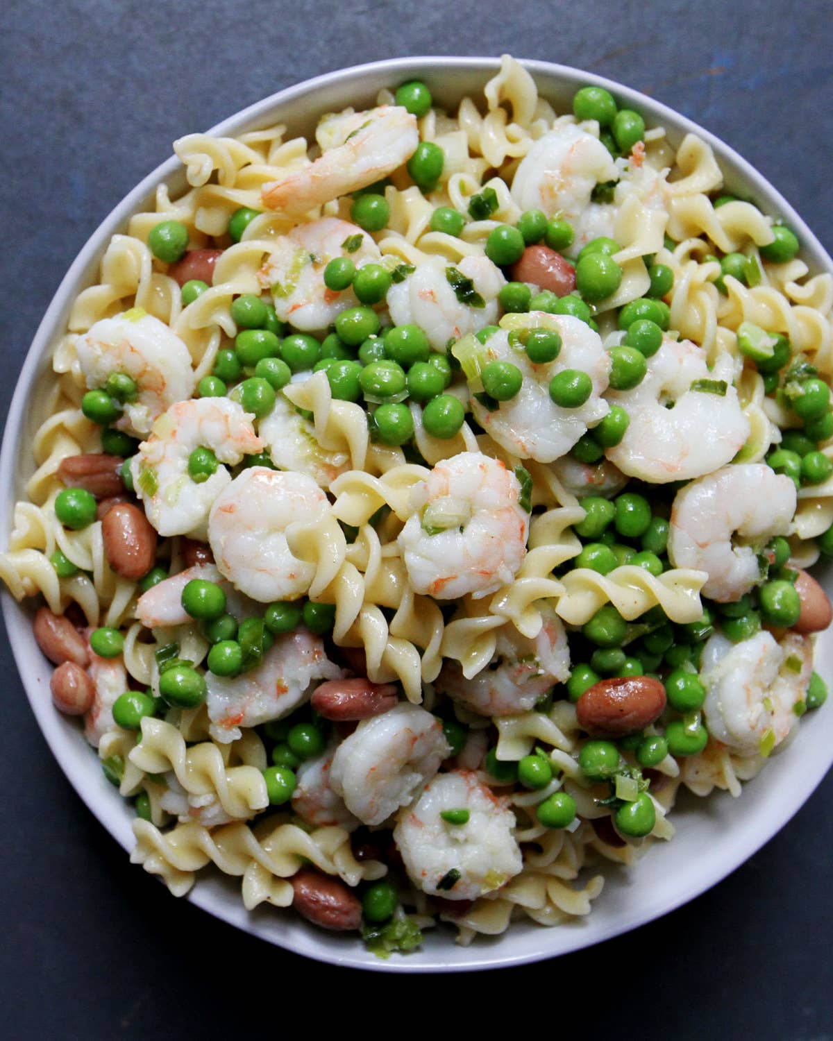 Fusilli with scampi, cranberry, beans and peas, Maine picnic