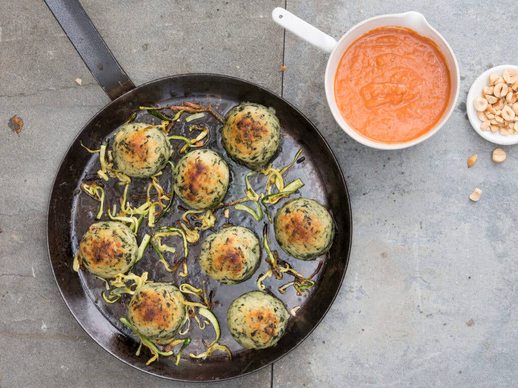 Spinach and Potato Dumplings with Cold Tomato Sauce