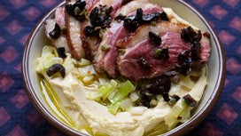 Hummus with Pan-Seared Duck, Leeks, and Tapenade
