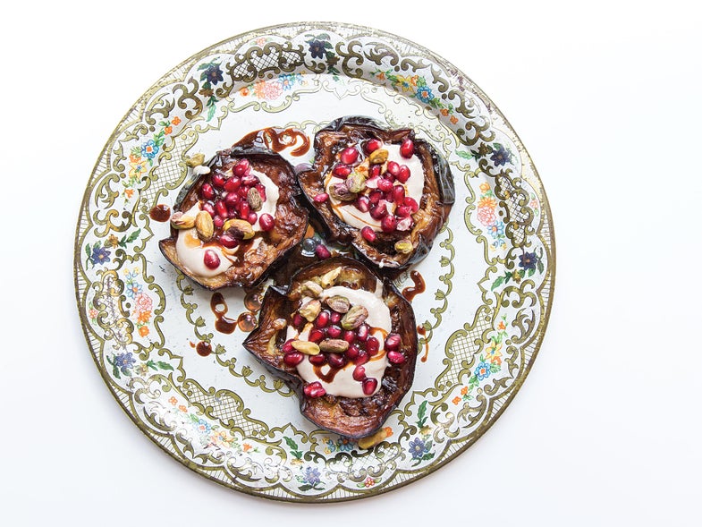 Fried Eggplant with Tahini and Pomegranate Seeds
