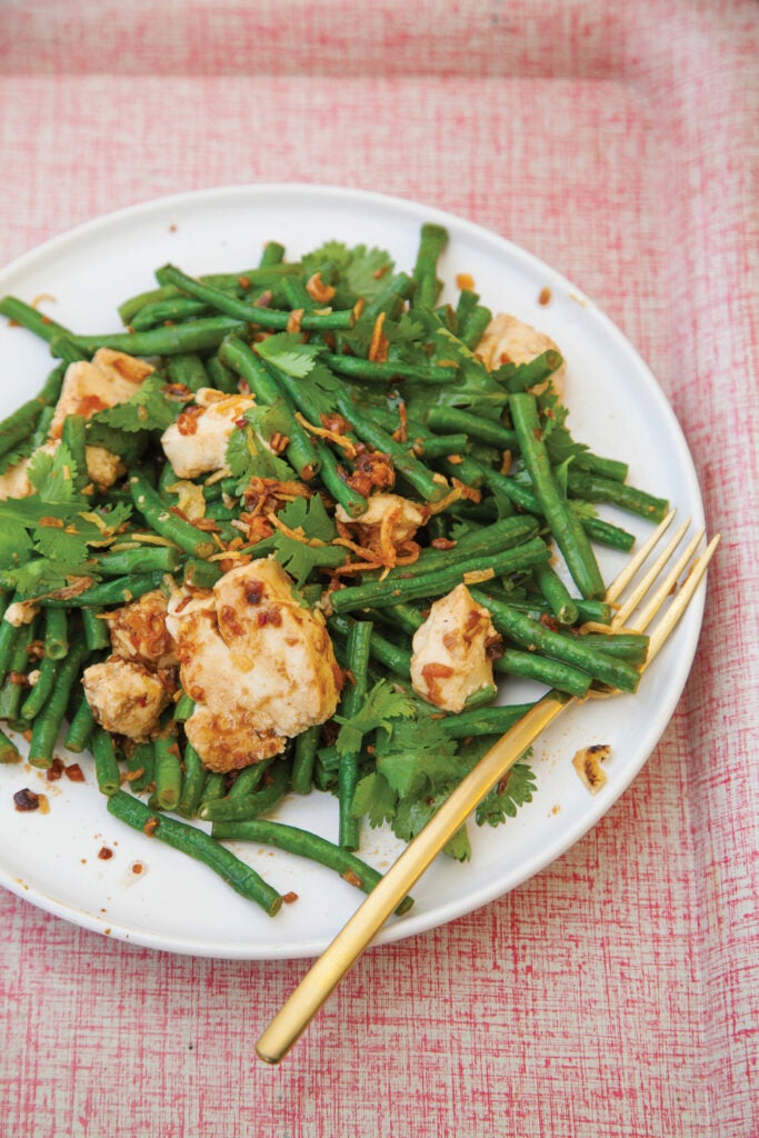 Tofu, Long Bean, and Crispy Shallot Vinaigrette with Black Bean Vinaigrette