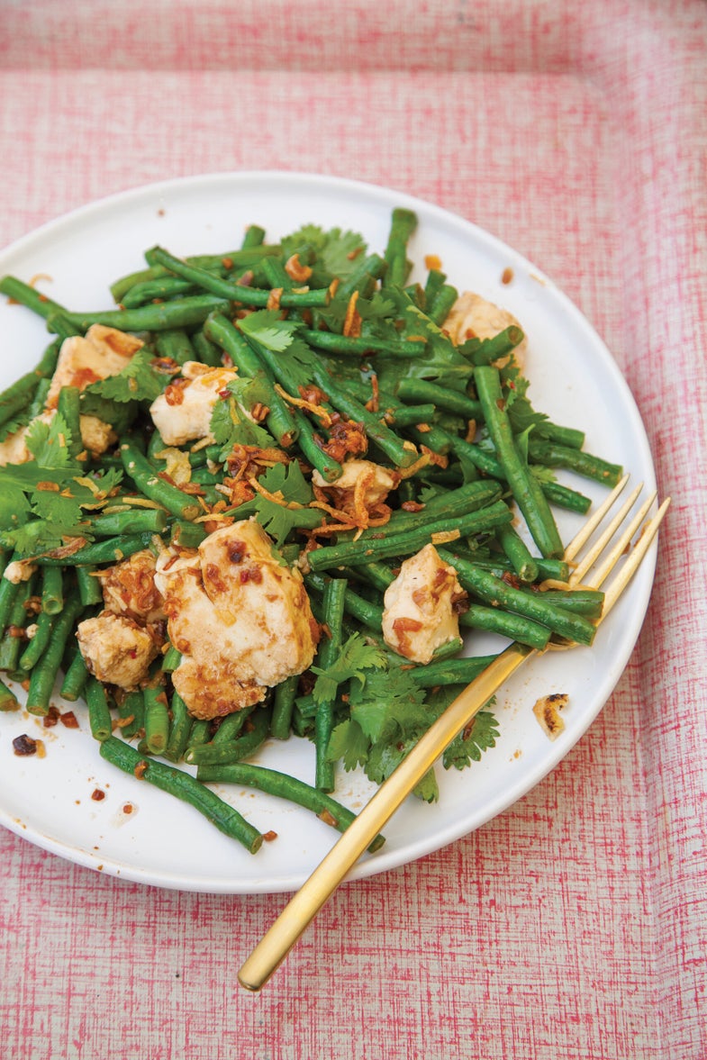 Tofu, Long Bean, and Crispy Shallot Vinaigrette with Black Bean Vinaigrette