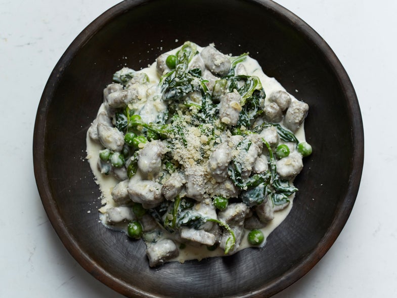 Buckwheat and Ricotta Gnocchi with Cream, Peas, and Spinach