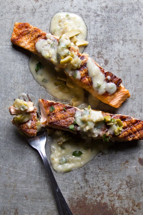 Grilled Salmon With Green Olive and Ramp Beurre Blanc
