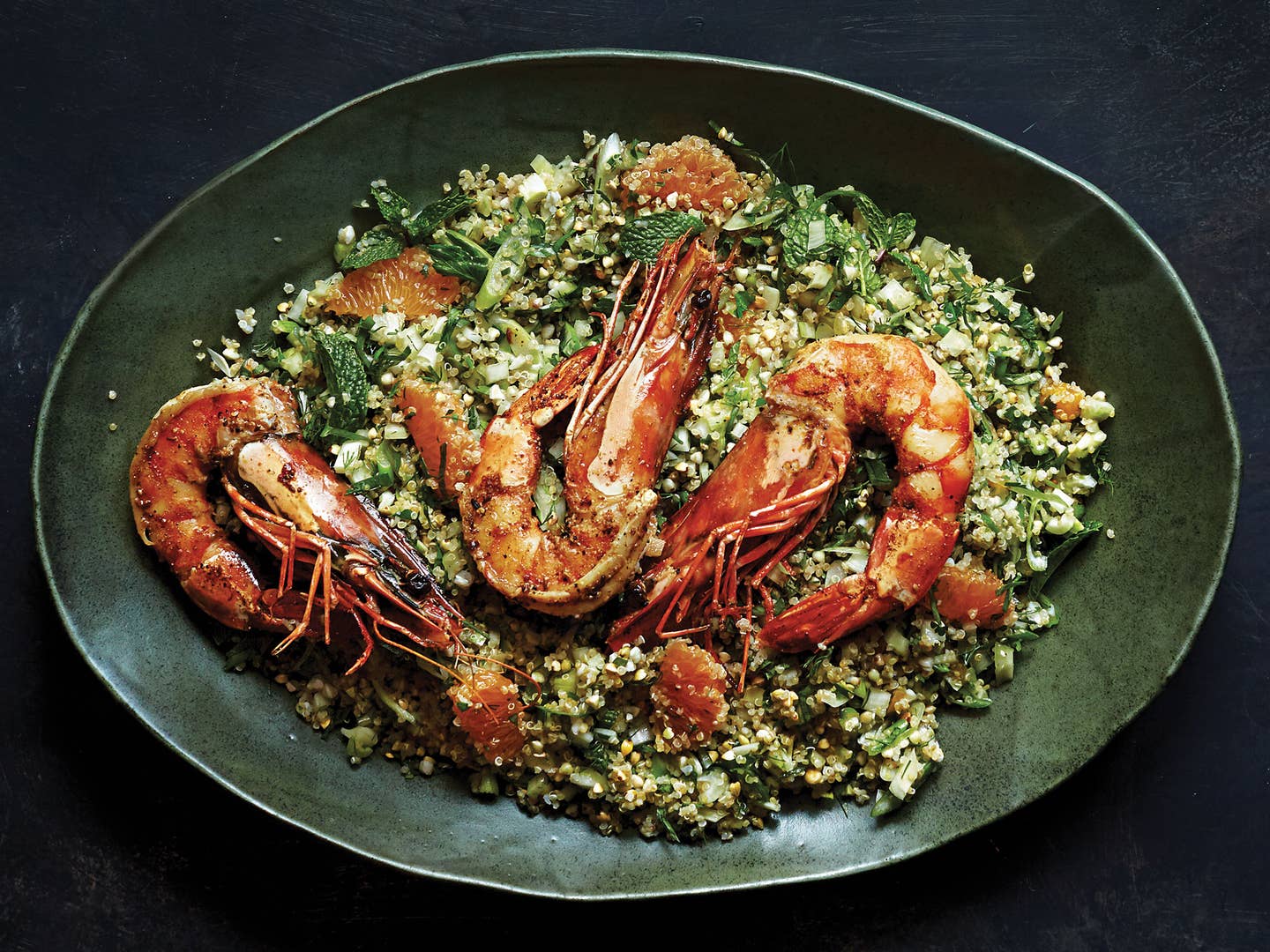 Sprouted Seed and Grain Salad with Spiced Prawns