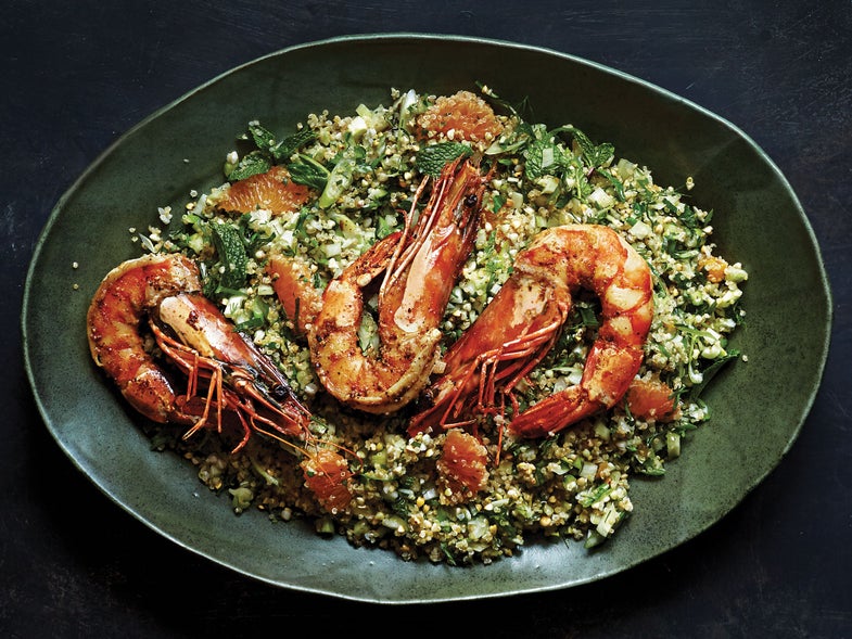 Sprouted Seed and Grain Salad with Spiced Prawns