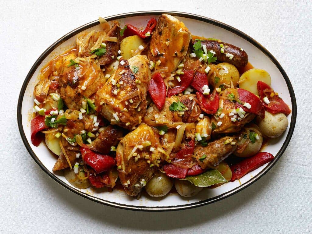 Plate of French braised Chicken Basquaise