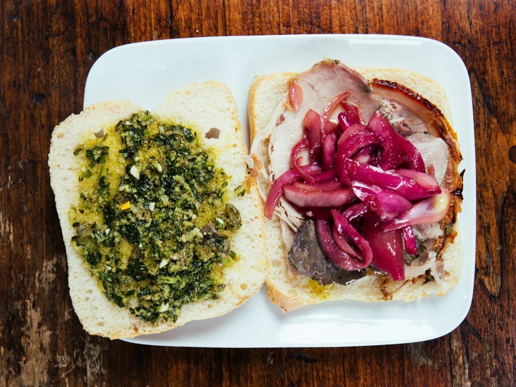 Porchetta Sandwiches with Marinated Onions and Salsa Verde