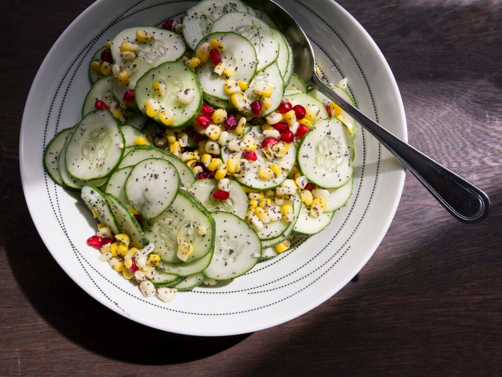 Cucumber and Corn Salad with Pomegranate and Poppy Seeds