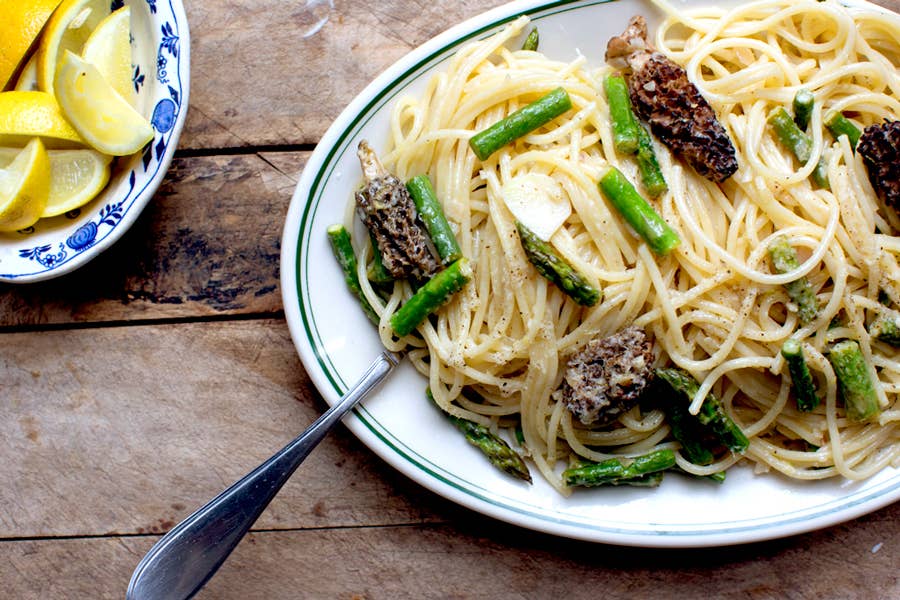 Morel and Asparagus Spaghetti