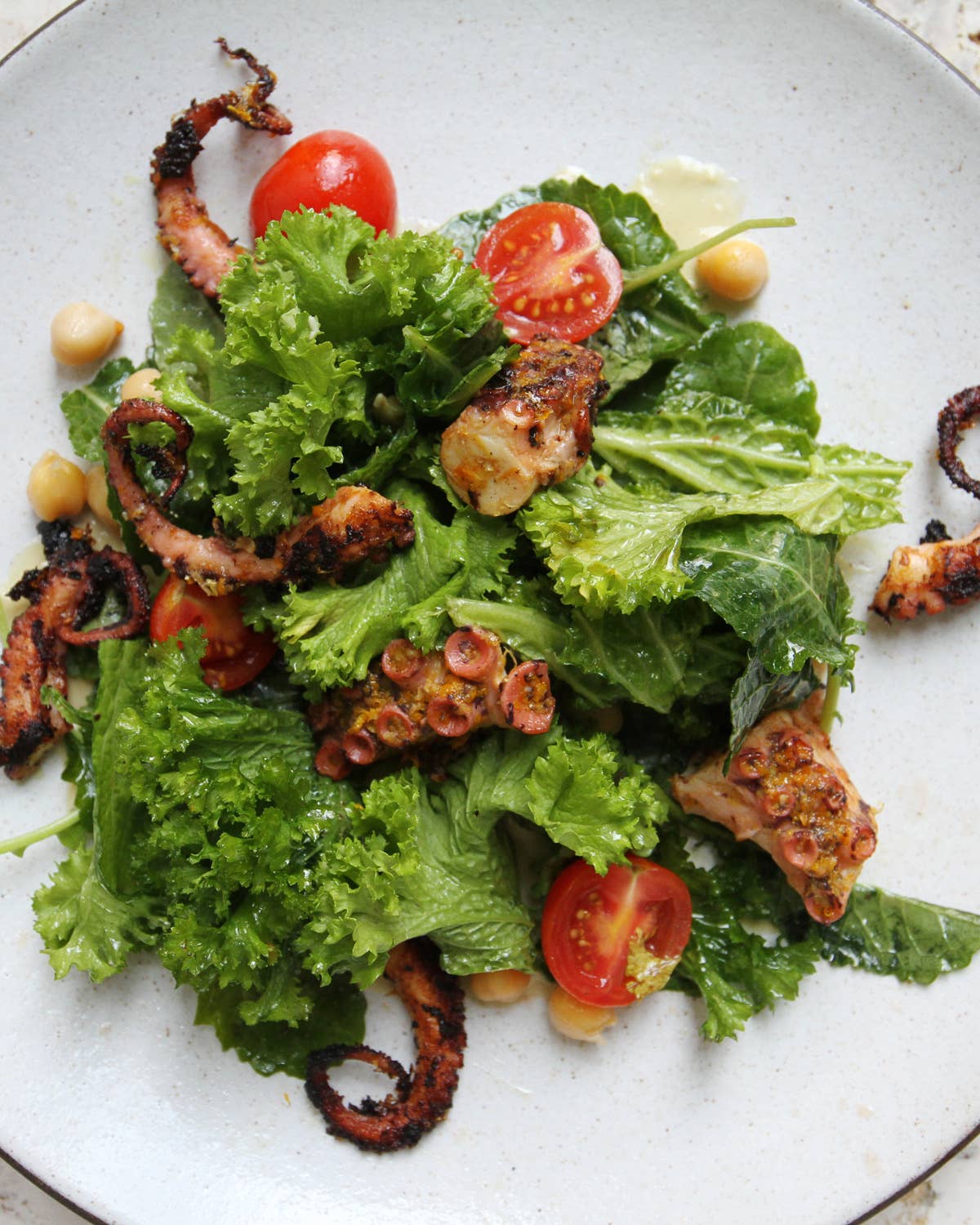 Grilled Octopus with Chickpeas, Tomatoes and Anchovy Vinaigrette