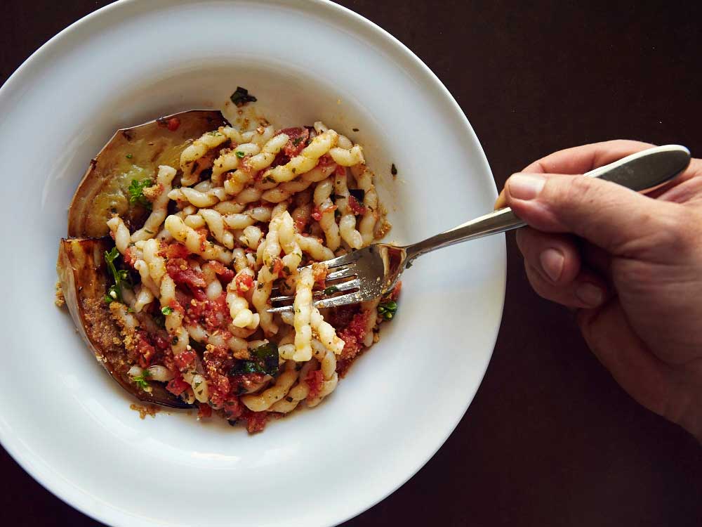 Corkscrew Pasta with Eggplant and Tomato-Basil Pesto (Busiate con Pesto alla Trapanese)